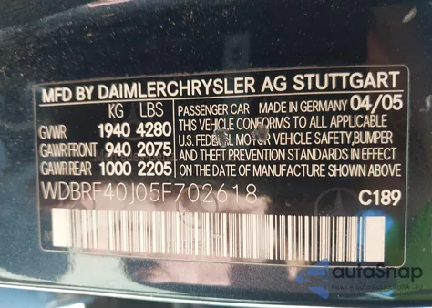 2005 Mercedes-Benz C 230 Kompressor Sport из США, поврежденный, VIN WDBRF40J05F702618